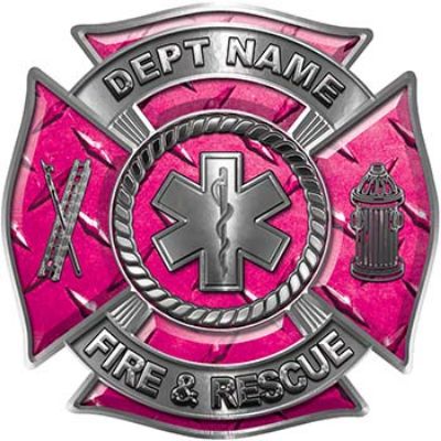 
	Custom Personalized Fire Fighter Decal with Star of Life in Pink Diamond Plate
