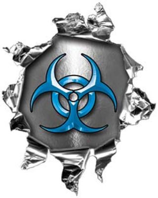 
	Mini Rip Torn Metal Bullet Hole Style Graphic with Blue Biohazard Symbol
