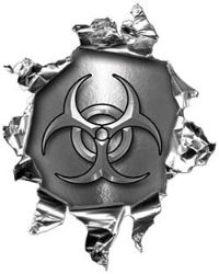 
	Mini Rip Torn Metal Bullet Hole Style Graphic with Silver Biohazard Symbol
