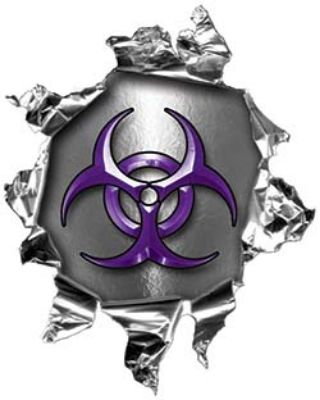 
	Mini Rip Torn Metal Bullet Hole Style Graphic with Purple Biohazard Symbol
