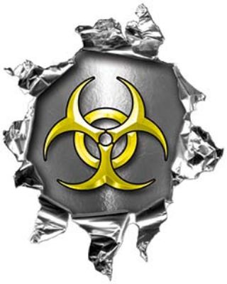 
	Mini Rip Torn Metal Bullet Hole Style Graphic with Yellow Biohazard Symbol
