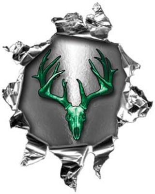 
	Mini Rip Torn Metal Bullet Hole Style Graphic with Green Deer Hunter Deer Skull
