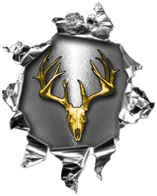 
	Mini Rip Torn Metal Bullet Hole Style Graphic with Yellow Deer Hunter Deer Skull
