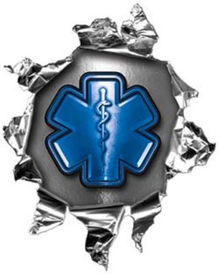 
	Mini Rip Torn Metal Bullet Hole Style Graphic with Blue EMS EMT MFR Paramedic Star of Life
