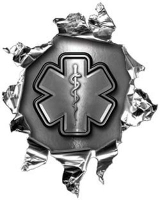 
	Mini Rip Torn Metal Bullet Hole Style Graphic with Gray EMS EMT MFR Paramedic Star of Life
