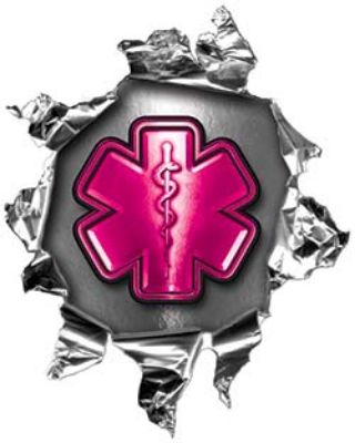 
	Mini Rip Torn Metal Bullet Hole Style Graphic with Pink EMS EMT MFR Paramedic Star of Life
