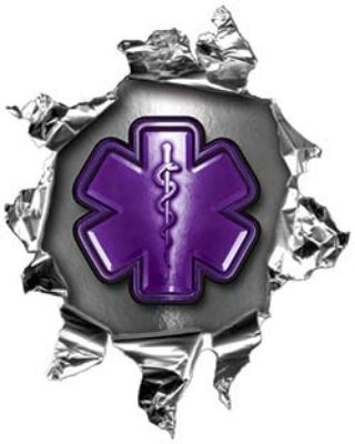 
	Mini Rip Torn Metal Bullet Hole Style Graphic with Purple EMS EMT MFR Paramedic Star of Life
