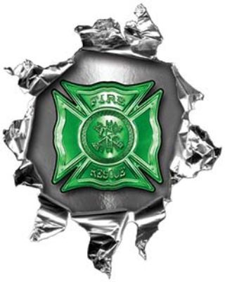 
	Mini Rip Torn Metal Bullet Hole Style Graphic with Green Firefighter Maltese Cross
