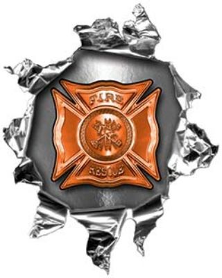 
	Mini Rip Torn Metal Bullet Hole Style Graphic with Orange Firefighter Maltese Cross
