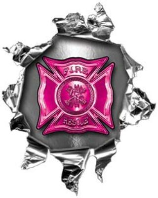 
	Mini Rip Torn Metal Bullet Hole Style Graphic with Pink Firefighter Maltese Cross
