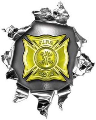 
	Mini Rip Torn Metal Bullet Hole Style Graphic with Yellow Firefighter Maltese Cross
