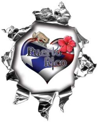
	Mini Rip Torn Metal Bullet Hole Style Graphic with Puerto Rico Flag Coqui Frog and Flower Heart
