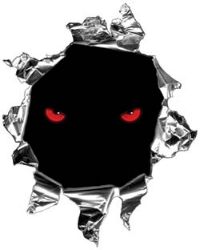 
	Mini Rip Torn Metal Bullet Hole Style Graphic with Red Evil Eyes
