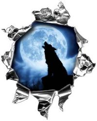 
	Mini Rip Torn Metal Bullet Hole Style Graphic with Wolf Howling at the Moon
