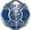 
	We Walk Where the Devil Dances Fire Rescue Fire Fighter Maltese Cross Sticker / Decal in Blue
