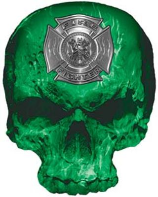 
	Skull Decal / Sticker with Green Inferno Flames and Firefighter Maltese Cross 
