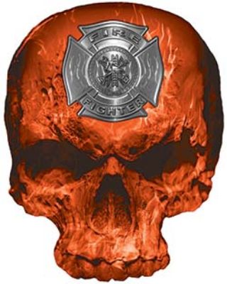 
	Skull Decal / Sticker with Orange Inferno Flames and Firefighter Maltese Cross
