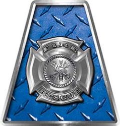 Fire Fighter, EMS, Rescue Helmet Tetrahedron Decal Reflective in Blue Diamond Plate with Maltese Cross