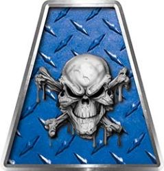Fire Fighter, EMS, Rescue Helmet Tetrahedron Decal Reflective in Blue Diamond Plate with Skull and Crossbones