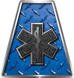 Fire Fighter, EMS, Rescue Helmet Tetrahedron Decal Reflective in Blue Diamond Plate with Star of Life