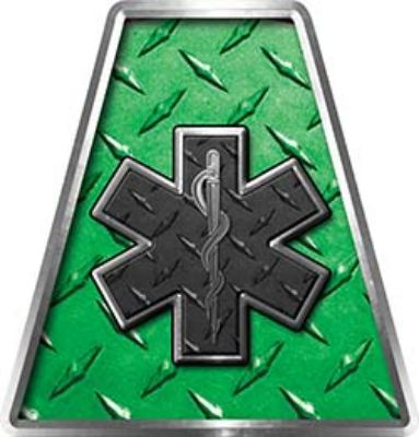 Fire Fighter, EMS, Rescue Helmet Tetrahedron Decal Reflective in Green Diamond Plate with Star of Life