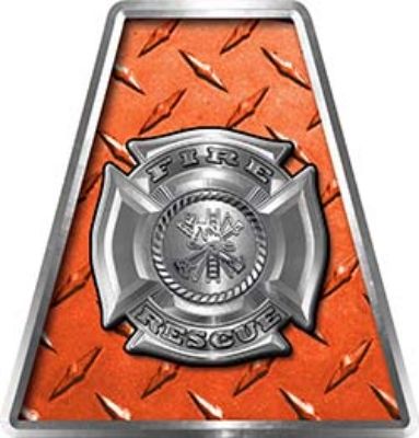 Fire Fighter, EMS, Rescue Helmet Tetrahedron Decal Reflective in Orange Diamond Plate with Maltese Cross