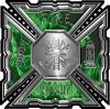 
	Aztec Style Modern Edge Fire Fighter Maltese Cross Decal in Green Inferno Flames
