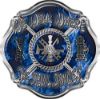 
	We Walk Where the Devil Dances Fire Rescue Fire Fighter Maltese Cross Sticker / Decal in Blue Inferno
