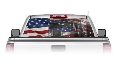 Fire Engine with American Flag See Through Rear Window Decal